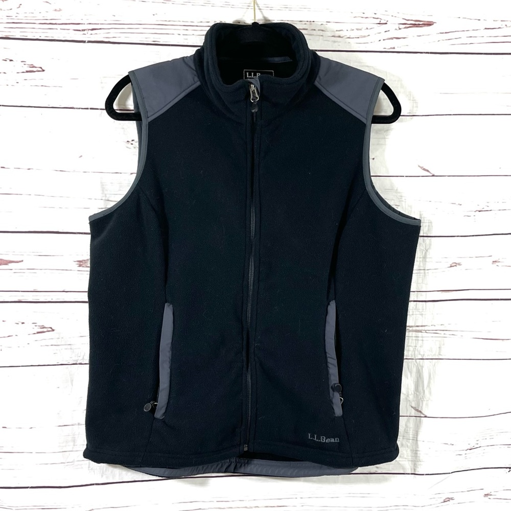 L.L. Bean Womens Fleece Vest Size M Black Sleeveless Full Zip Mock Neck Pockets